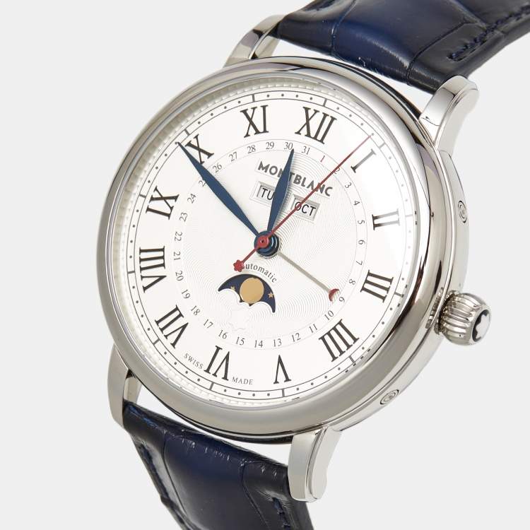 Pre Owned Montblanc Star Legacy Full Calendar M129178 Silver Dial Stainless Steel Alligator Leather Men's Wristwatch 42 mm