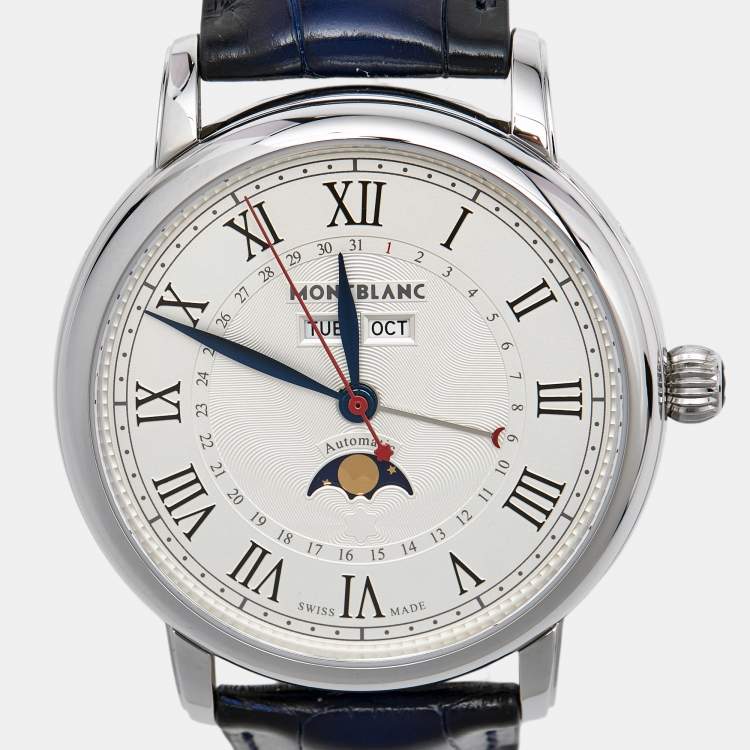 Pre Owned Montblanc Star Legacy Full Calendar M129178 Silver Dial Stainless Steel Alligator Leather Men's Wristwatch 42 mm