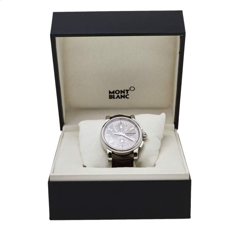 مملوكة مسبقًا Montblanc Silver Stainless Steel & Leather Star 7104 Automatic Men's Wristwatch 44 mm