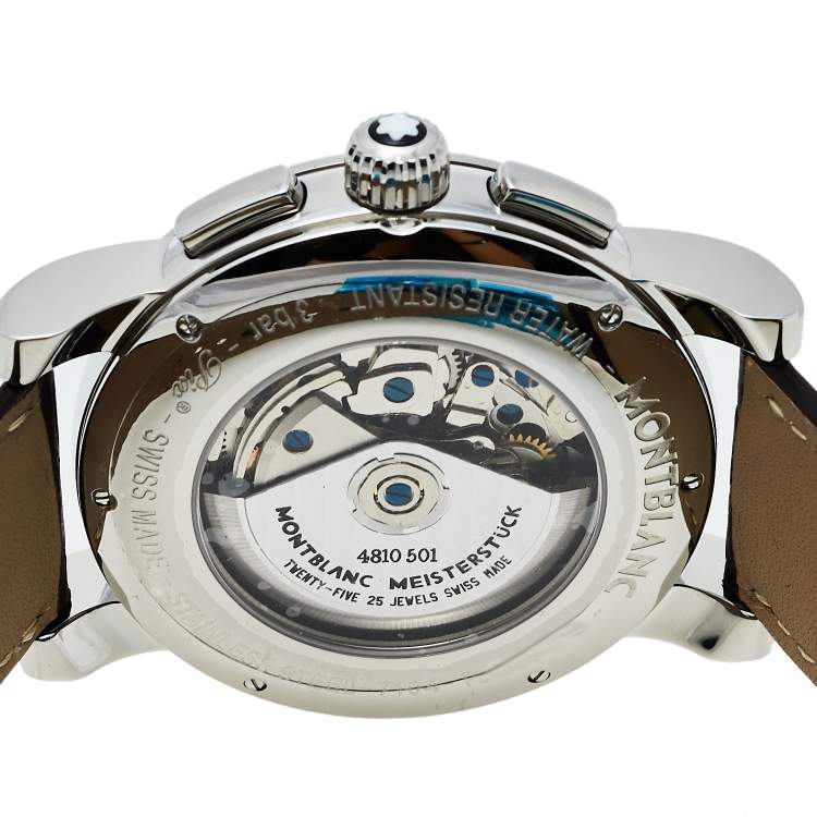 مملوكة مسبقًا Montblanc Silver Stainless Steel & Leather Star 7104 Automatic Men's Wristwatch 44 mm