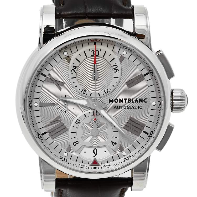 مملوكة مسبقًا Montblanc Silver Stainless Steel & Leather Star 7104 Automatic Men's Wristwatch 44 mm