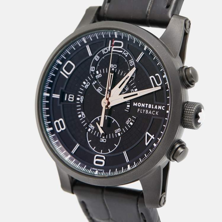Pre Owned Montblanc Black PVD Coated Titanium Leather Timewalker Twinfly 106507 Limited Edition Men's Wristwatch 43 mm