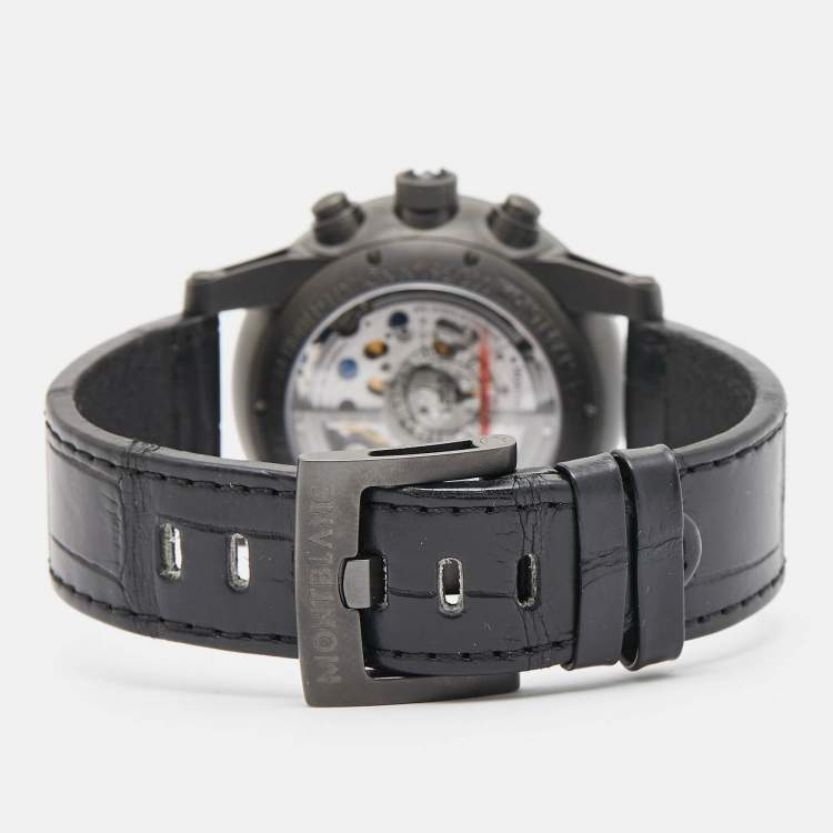 Pre Owned Montblanc Black PVD Coated Titanium Leather Timewalker Twinfly 106507 Limited Edition Men's Wristwatch 43 mm