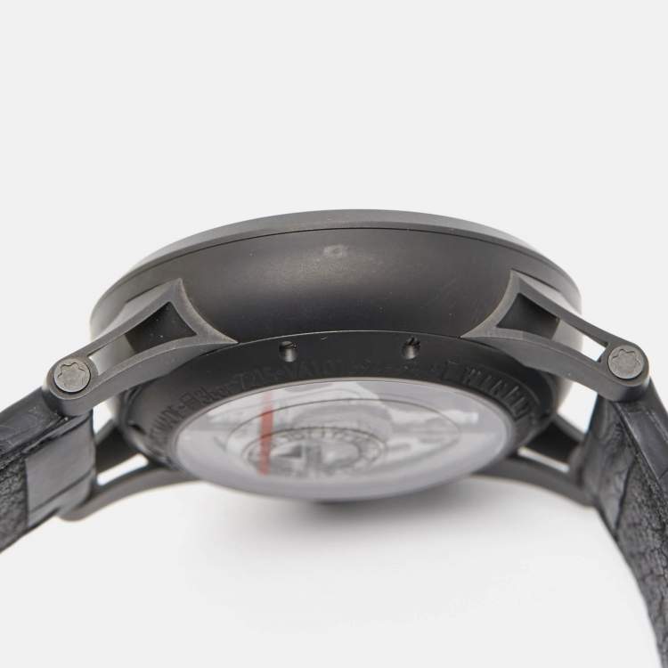 Pre Owned Montblanc Black PVD Coated Titanium Leather Timewalker Twinfly 106507 Limited Edition Men's Wristwatch 43 mm