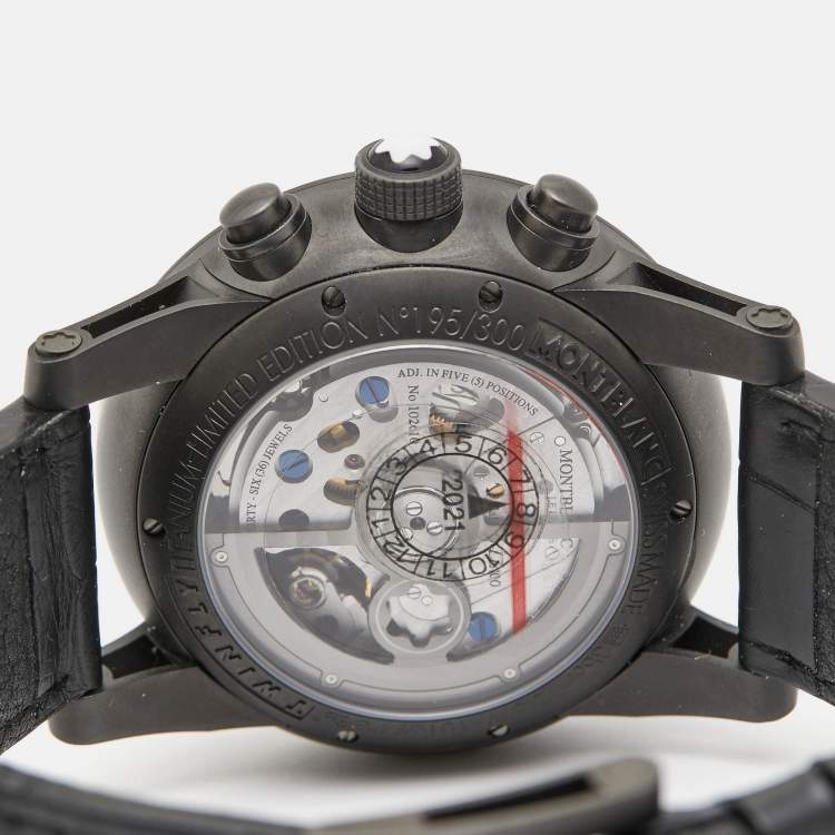 Pre Owned Montblanc Black PVD Coated Titanium Leather Timewalker Twinfly 106507 Limited Edition Men's Wristwatch 43 mm