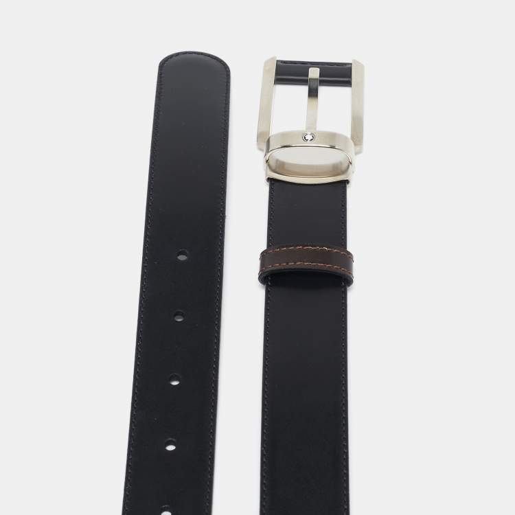 Pre Owned Montblanc Black/Brown Leather Cut to Size Reversible Buckle Belt