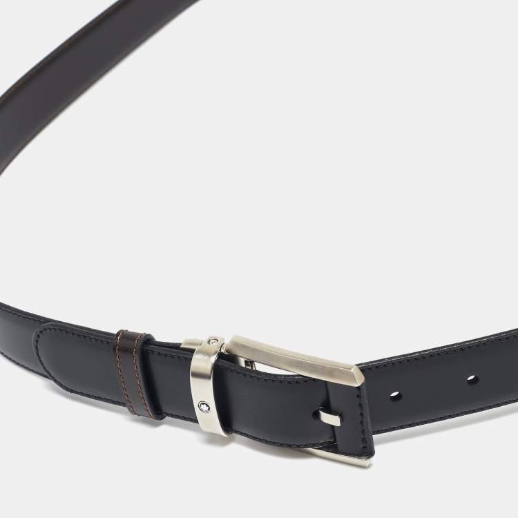 Pre Owned Montblanc Black/Brown Leather Cut to Size Reversible Buckle Belt