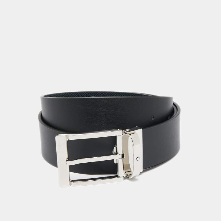 Pre Owned Montblanc Navy Blue/Black Leather Reversible Cut to Size Belt
