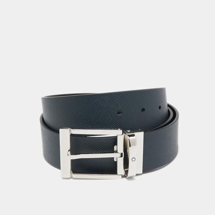 Pre Owned Montblanc Navy Blue/Black Leather Reversible Cut to Size Belt