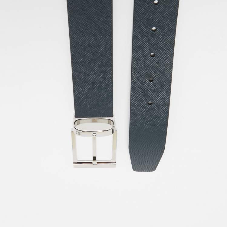 Pre Owned Montblanc Navy Blue/Black Leather Reversible Cut to Size Belt