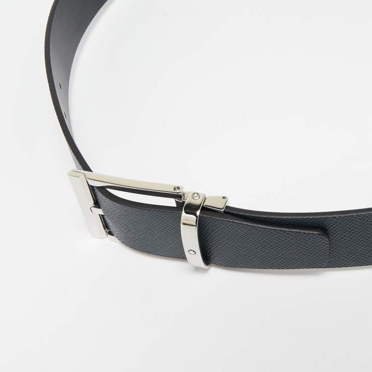 Pre Owned Montblanc Navy Blue/Black Leather Reversible Cut to Size Belt