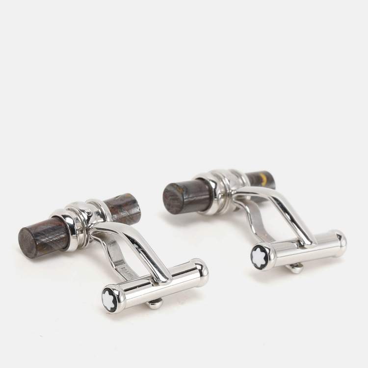 Pre Owned Montblanc Brown/Silver Tone Steel and Resin Bar Cufflinks