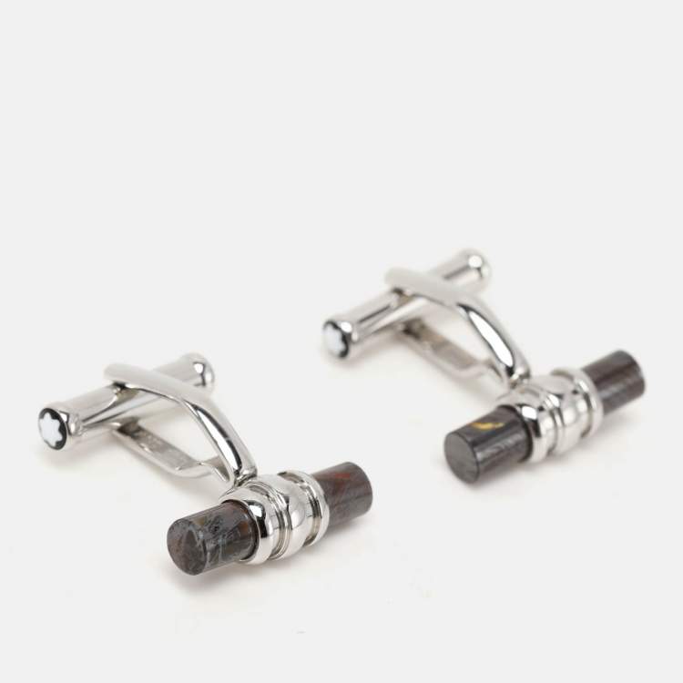Pre Owned Montblanc Brown/Silver Tone Steel and Resin Bar Cufflinks
