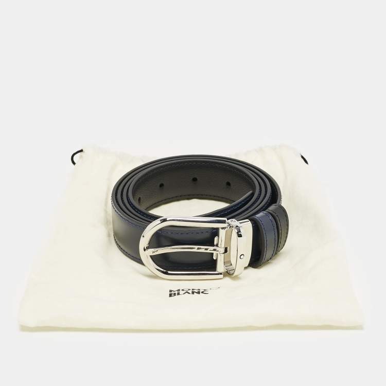 Pre Owned Montblanc Black/Navy Blue Leather Cut to Size Reversible Buckle Belt