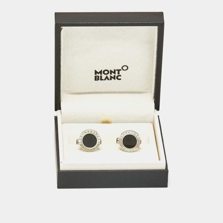 Pre Owned Montblanc Onyx Rotating Stainless Steel Cufflinks