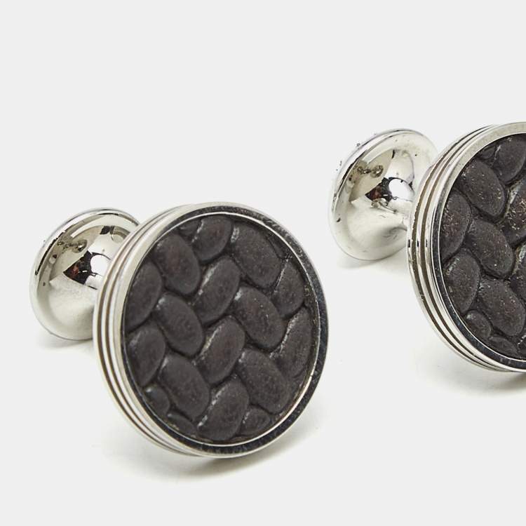 Pre Owned Montblanc Monograin Black Leather Inlay Steel Cufflinks