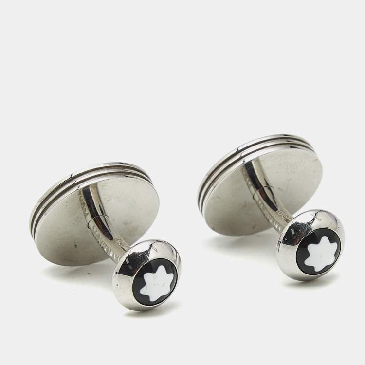 Pre Owned Montblanc Monograin Black Leather Inlay Steel Cufflinks