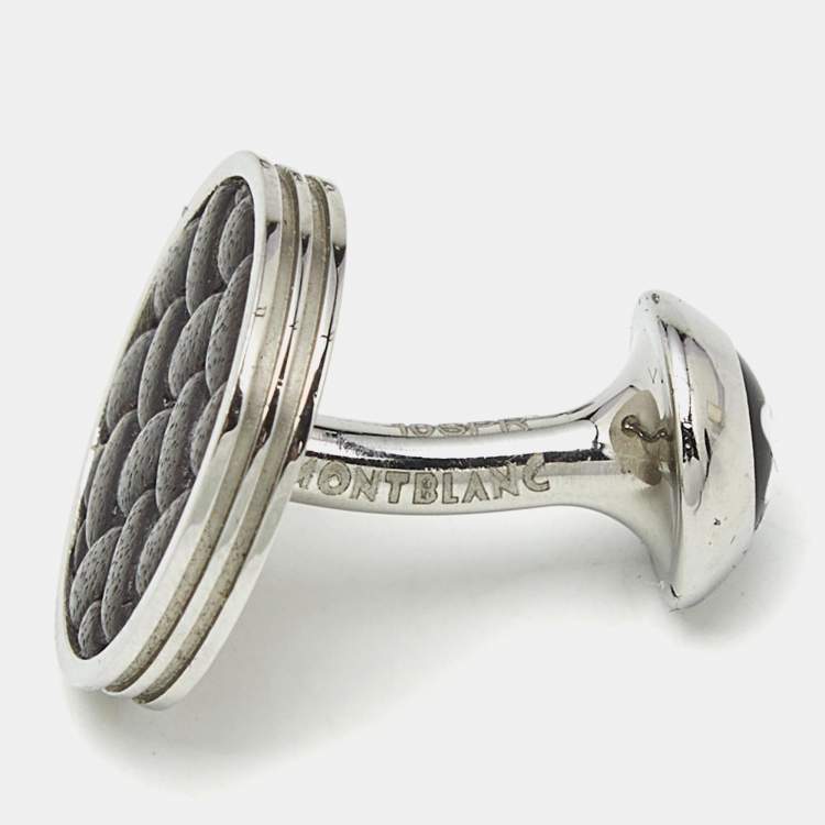 Pre Owned Montblanc Monograin Black Leather Inlay Steel Cufflinks