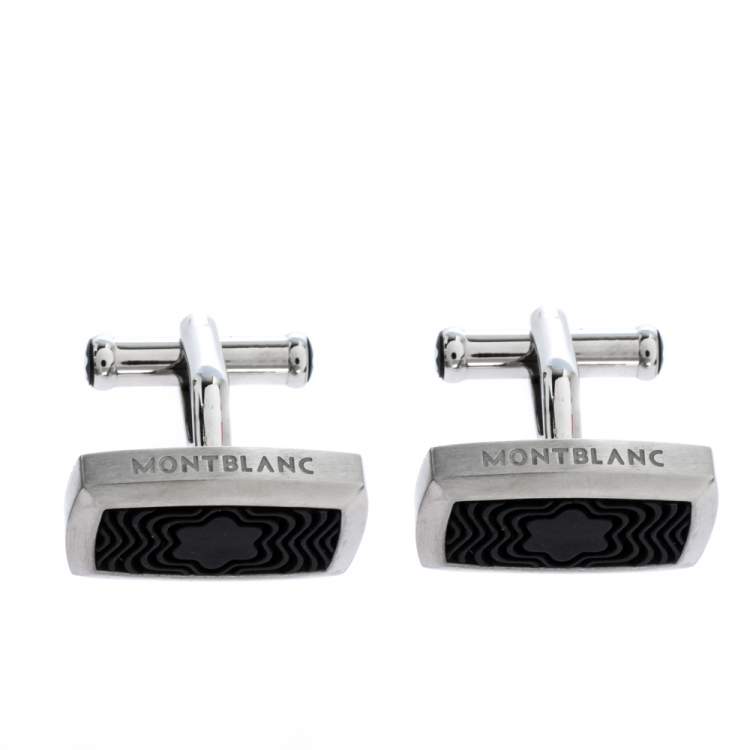 Pre Owned Montblanc Star Black Textured Inlay Silver Tone Rectangular Cufflinks