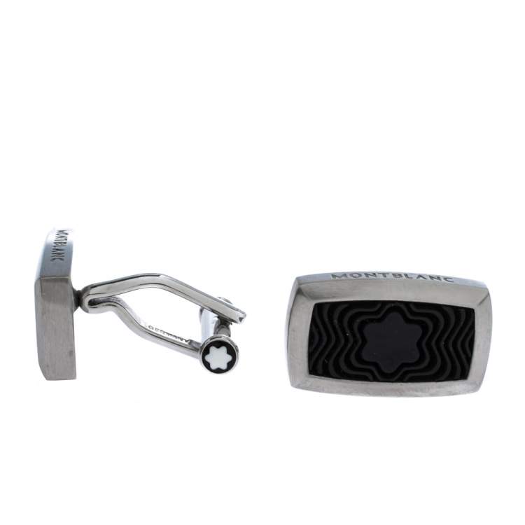 Pre Owned Montblanc Star Black Textured Inlay Silver Tone Rectangular Cufflinks
