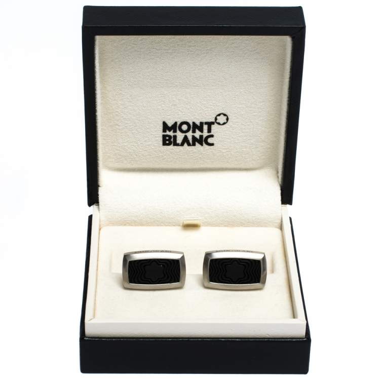 Pre Owned Montblanc Star Black Textured Inlay Silver Tone Rectangular Cufflinks