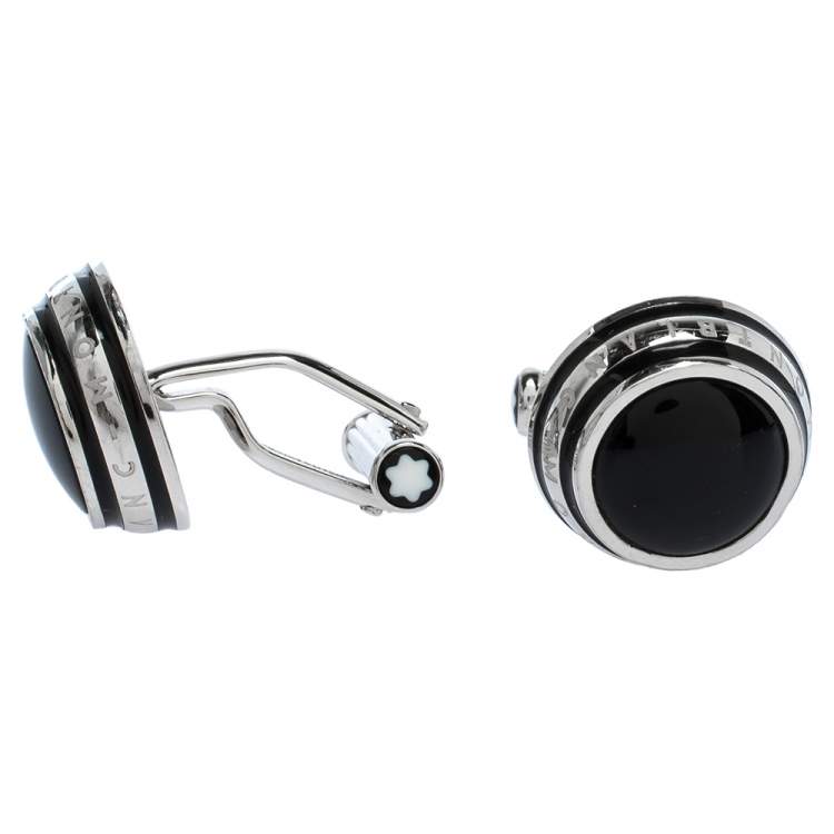 مملوكة مسبقًا Montblanc Silver Tone Black Onyx Inlay Cufflinks
