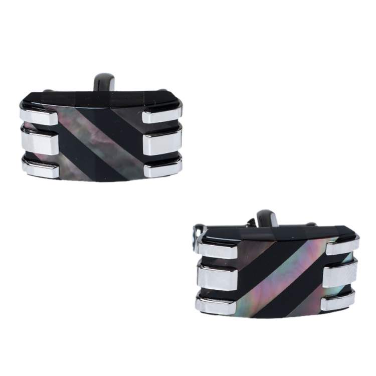 Pre Owned Montblanc Stripes Mother of pearl & Onyx Stainless Steel Rectangular Cufflinks