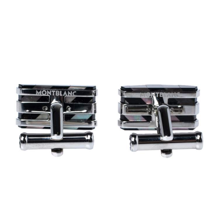 Pre Owned Montblanc Stripes Mother of pearl & Onyx Stainless Steel Rectangular Cufflinks