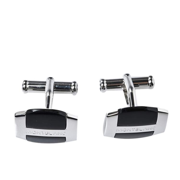 Pre Owned Montblanc Silver & Black Obsidian Oval Cufflinks