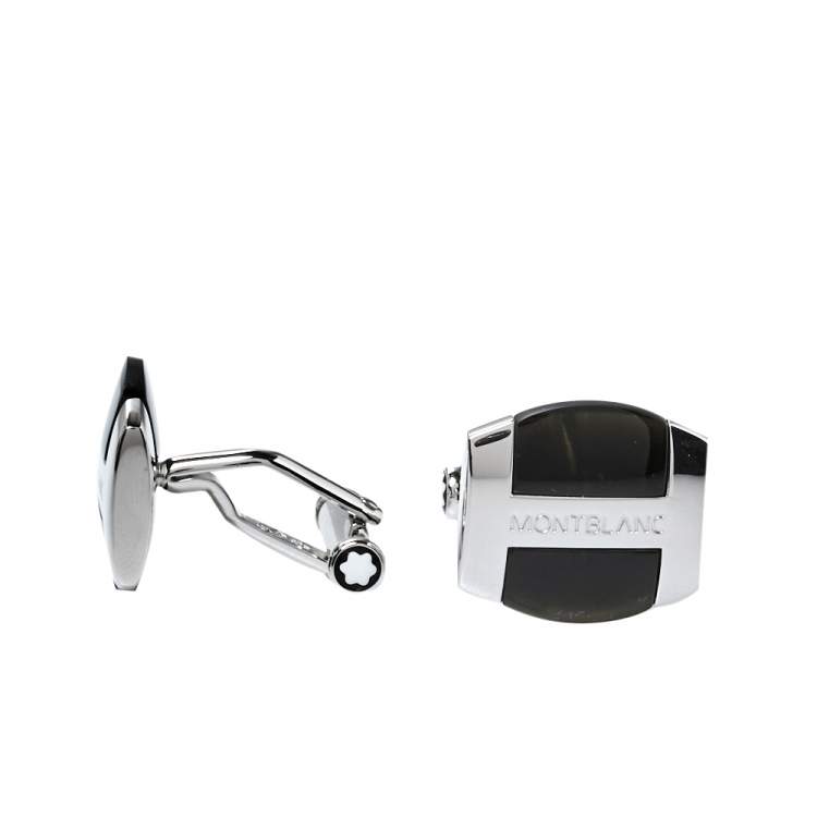Pre Owned Montblanc Silver & Black Obsidian Oval Cufflinks