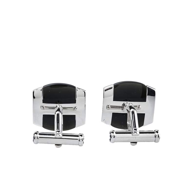 Pre Owned Montblanc Silver & Black Obsidian Oval Cufflinks