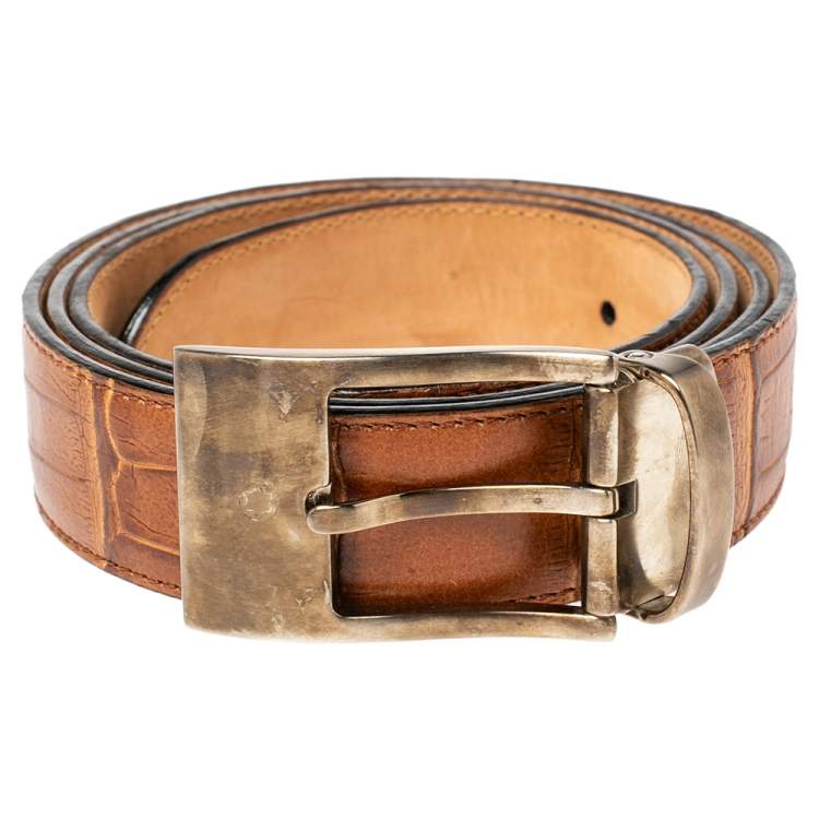 Pre Owned Montblanc Brown Croc Embossed Leather Buckle Belt 100CM