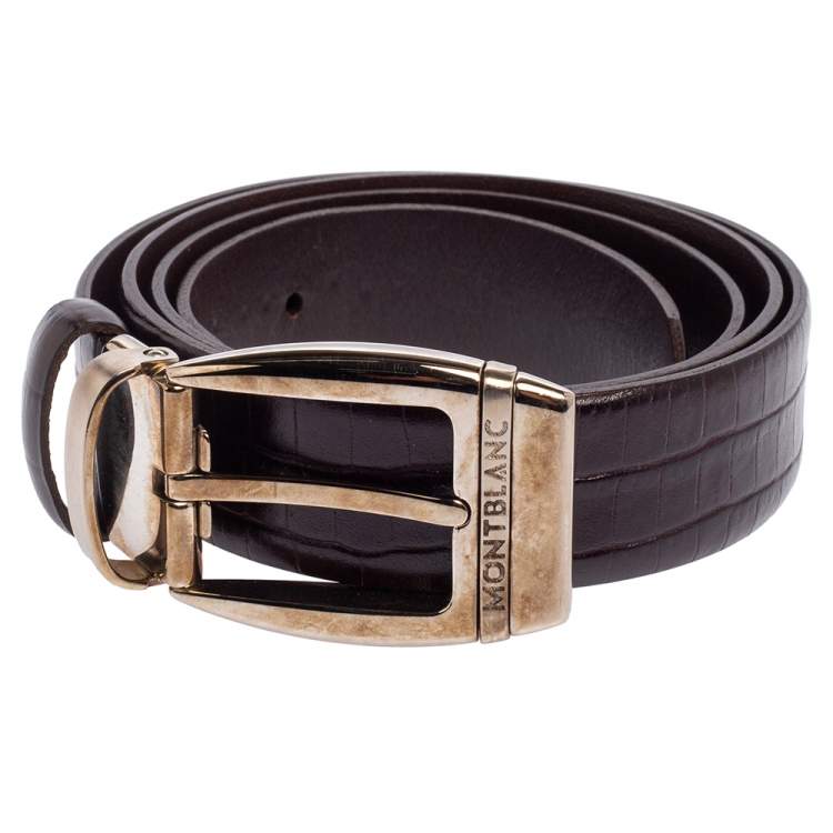 Pre Owned Montblanc Chocolate Brown Croc Embossed Leather Buckle Belt 100CM
