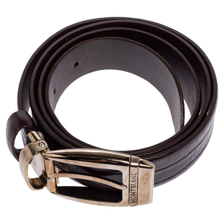 Pre Owned Montblanc Chocolate Brown Croc Embossed Leather Buckle Belt 100CM
