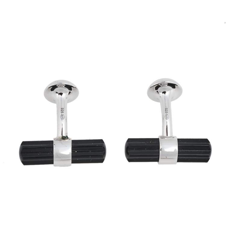 Pre Owned Montblanc Sterling Silver Star Onyx Bar Cufflinks
