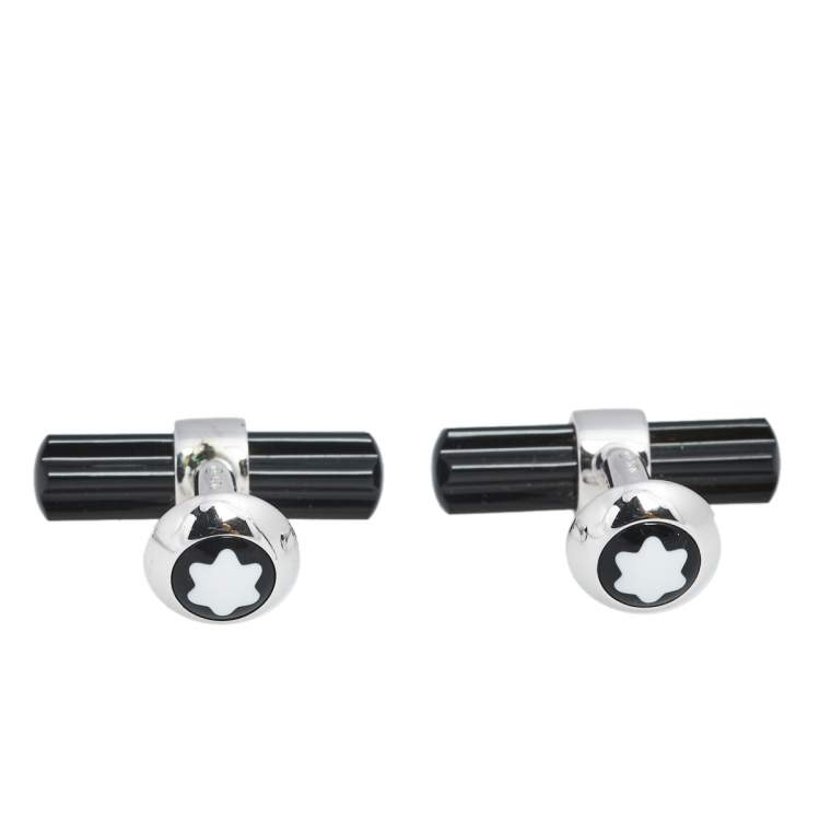 Pre Owned Montblanc Sterling Silver Star Onyx Bar Cufflinks