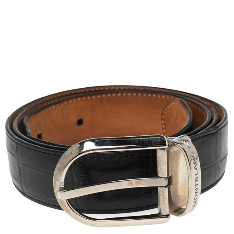 مملوكة مسبقًا Montblanc Black Croc Embossed Leather Buckle Belt 105CM
