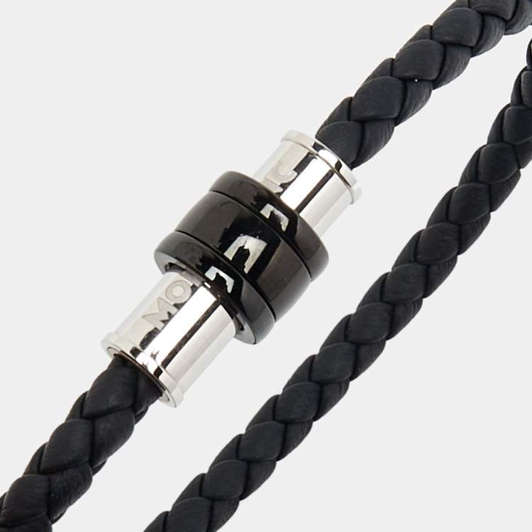 Pre Owned Montblanc Black Woven Leather Three Ring Bracelet L