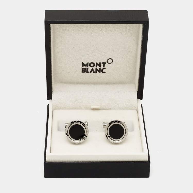 Pre Owned Montblanc Onyx Rotating Stainless Steel Cufflinks