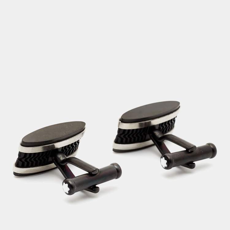 Pre Owned Montblanc Star Black Textured Inlay Two Tone Rectangular Cufflinks