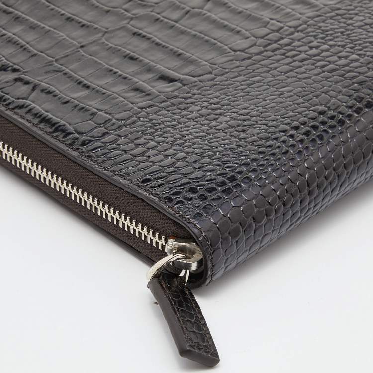 Pre Owned Montblanc Dark Brown Croc Embossed Leather Medium Meisterstuck Notebook Zip Case