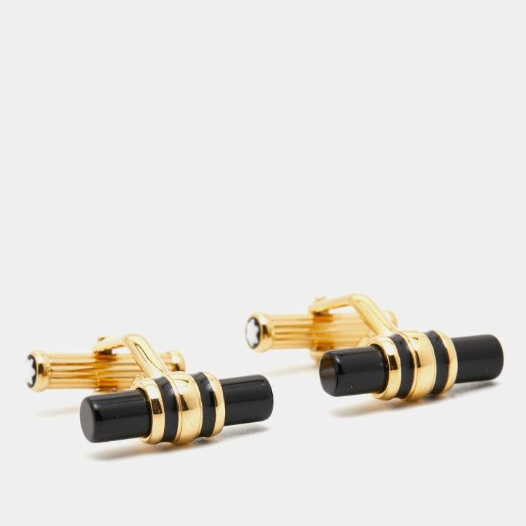 Pre Owned Montblanc Iconic Bar Onyx Gold Tone Cufflinks
