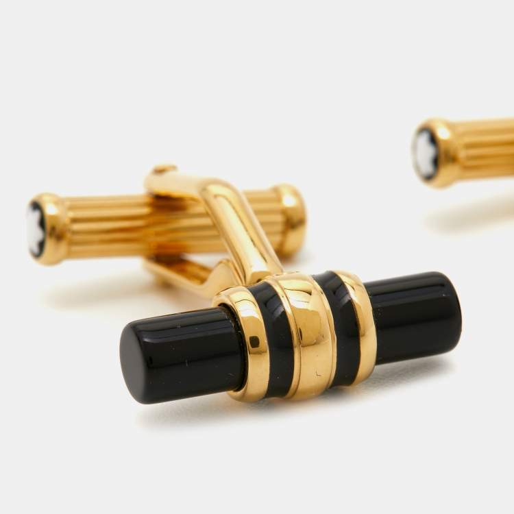 Pre Owned Montblanc Iconic Bar Onyx Gold Tone Cufflinks