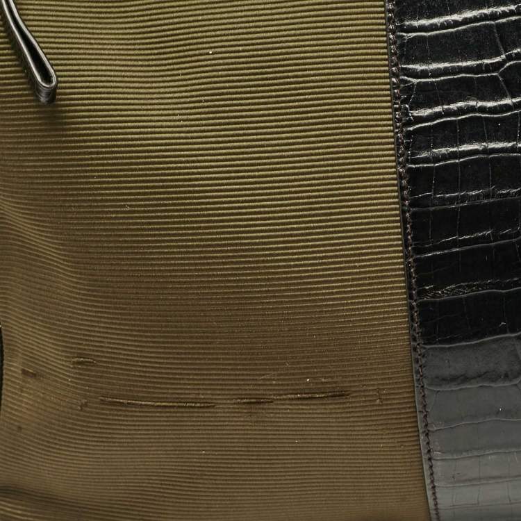Pre Owned Montblanc Olive Green/Brown Croc Embossed Leather and Nylon Nightflight Messenger Bag