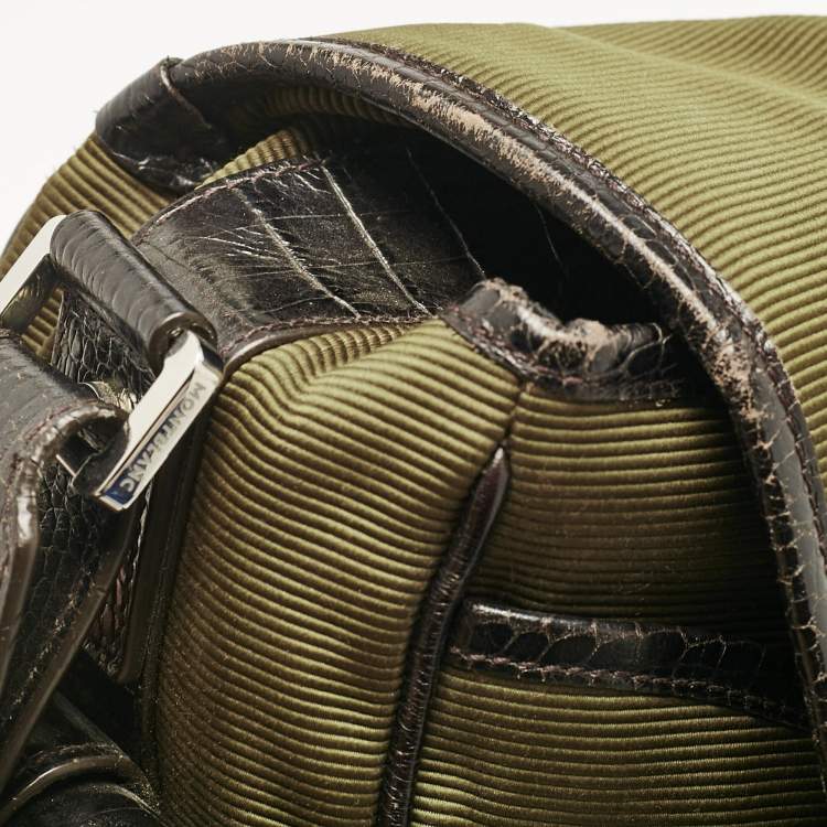 Pre Owned Montblanc Olive Green/Brown Croc Embossed Leather and Nylon Nightflight Messenger Bag