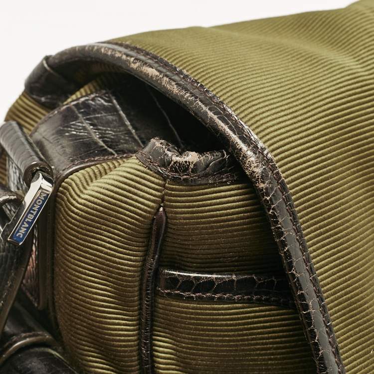 Pre Owned Montblanc Olive Green/Brown Croc Embossed Leather and Nylon Nightflight Messenger Bag