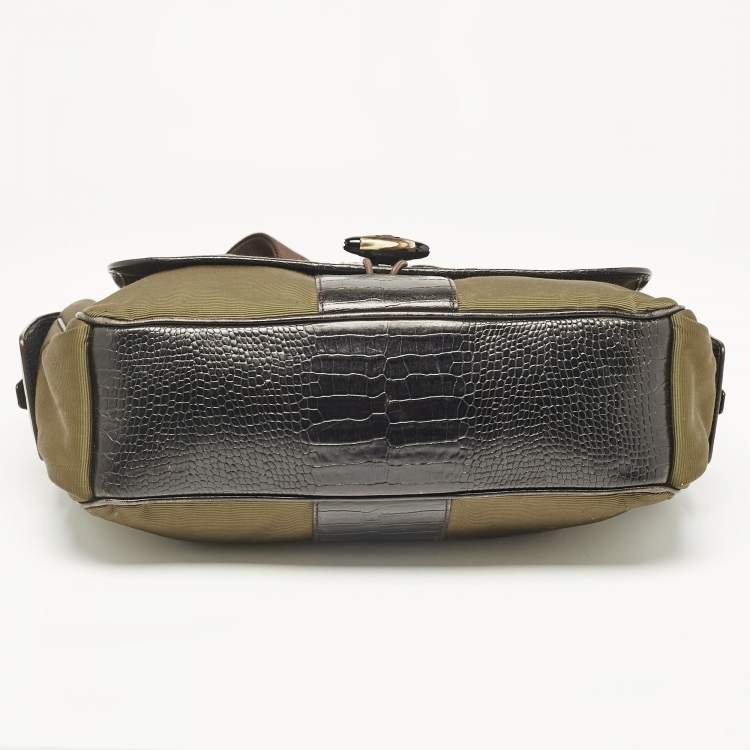Pre Owned Montblanc Olive Green/Brown Croc Embossed Leather and Nylon Nightflight Messenger Bag