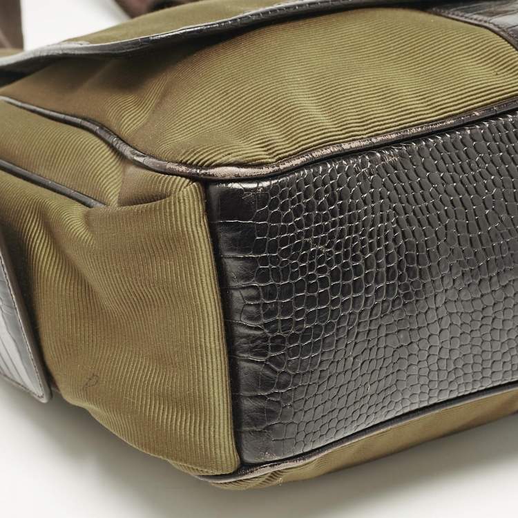 Pre Owned Montblanc Olive Green/Brown Croc Embossed Leather and Nylon Nightflight Messenger Bag