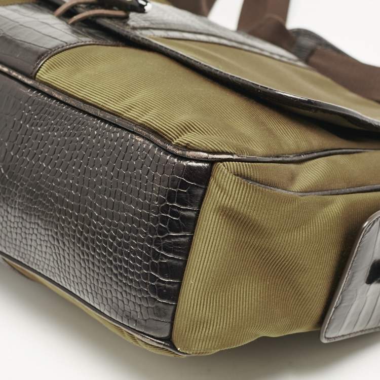 Pre Owned Montblanc Olive Green/Brown Croc Embossed Leather and Nylon Nightflight Messenger Bag