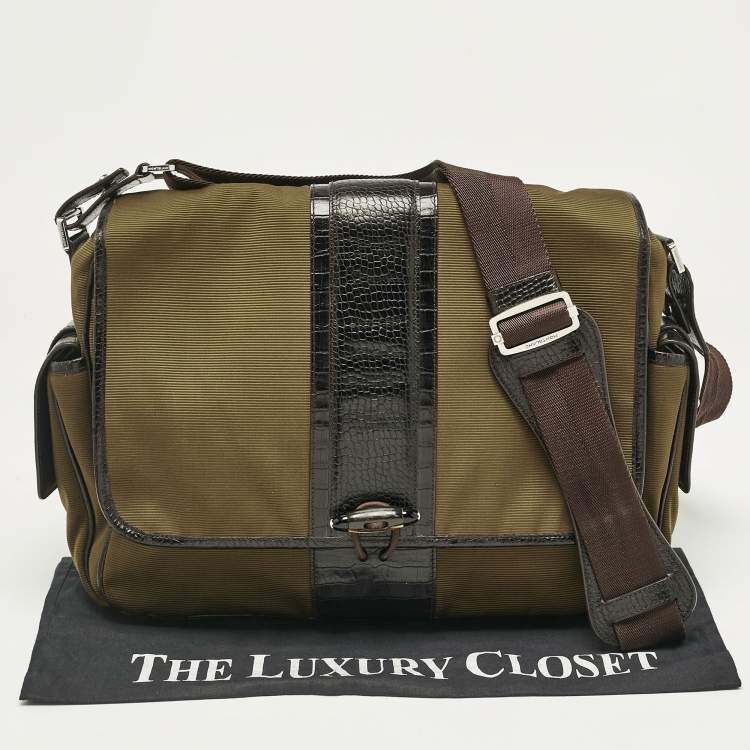 Pre Owned Montblanc Olive Green/Brown Croc Embossed Leather and Nylon Nightflight Messenger Bag